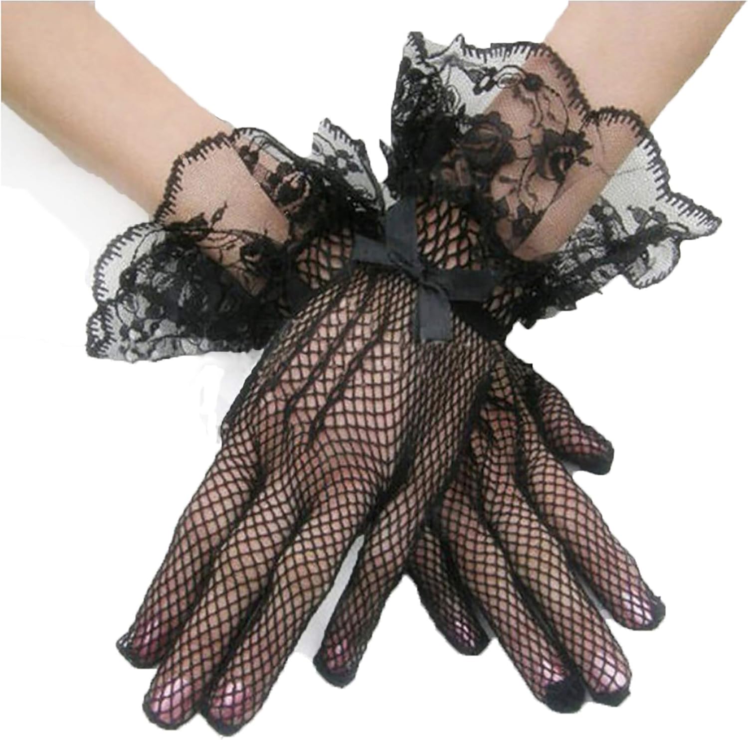 scholmart 新娘蕾丝水钻无指手套 适合婚礼派对,舞会,白色,黑色鱼网